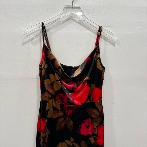 Taylor Printed Stretch Velvet Midi Dress Y2K Side Slits Thin Straps Evening 6 - Picture 4 of 10